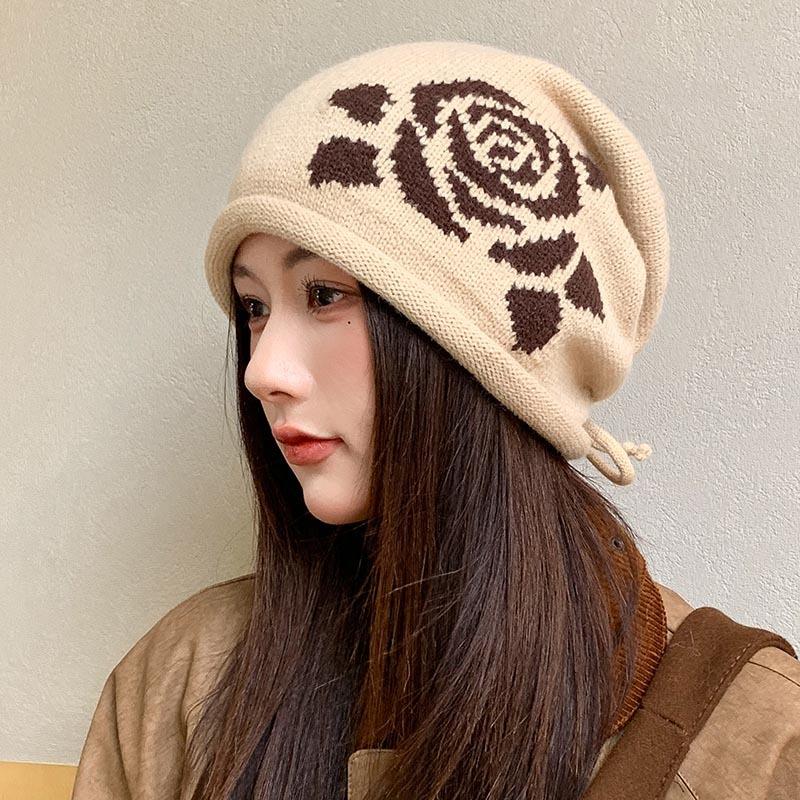 Rose Jacquard Drawstring Stacking Hat Women's Autumn and Winter New Versatile Curling Face Small Baotou Hat Ear Protector Knitted Cold Hat