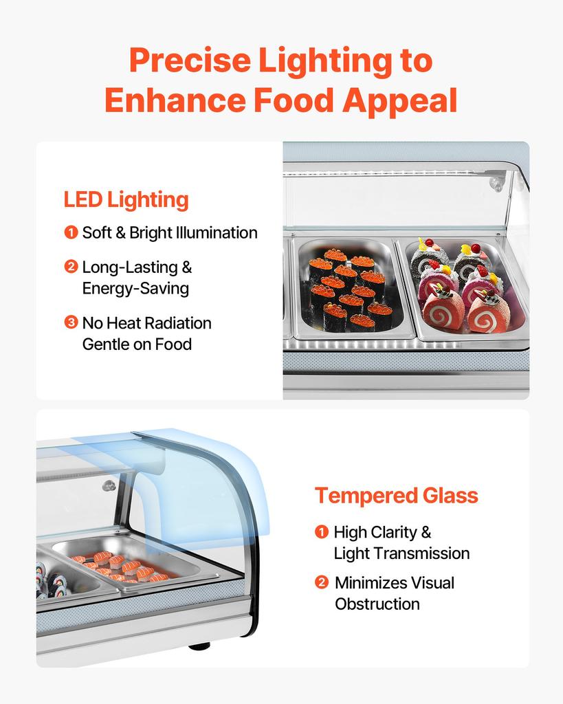 VEVOR Sushi Display Case Refrigerator, 52L Commercial Sushi Case, 5-Pan Countertop Showcase with Curved Glass, LED Lighting