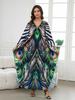 2024 Summer Women's Green Print Loose Kaftan Dress 2024 Boho Cozy V-Neck Batwing Sleeve Beach Long Dresses Sexy Swimsuit Bikini Cover-ups