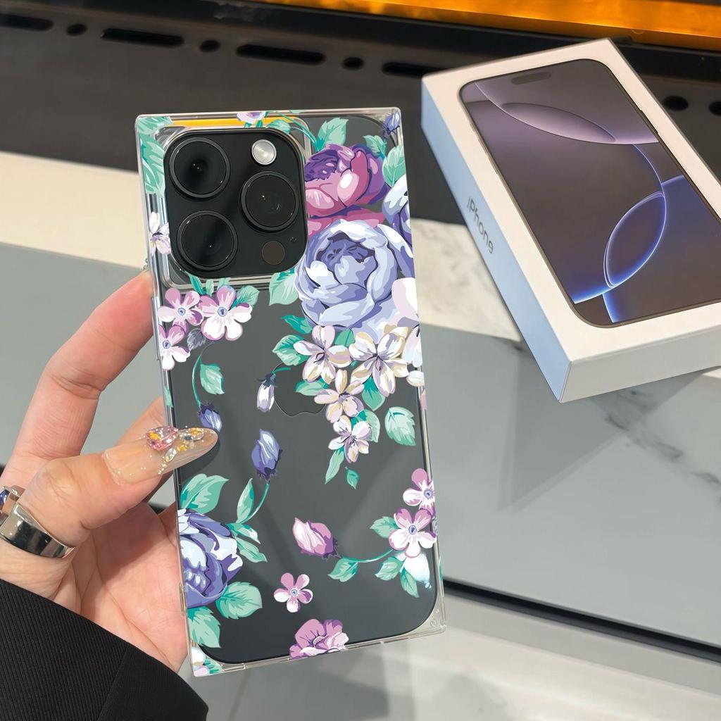 Прозрачный квадратный чехол-накладка для iPhone 14 Pro Max 16 ProMax 12 11 13 15 Plus, защита от окисления, чехол с узором 'Пурпурная роза'