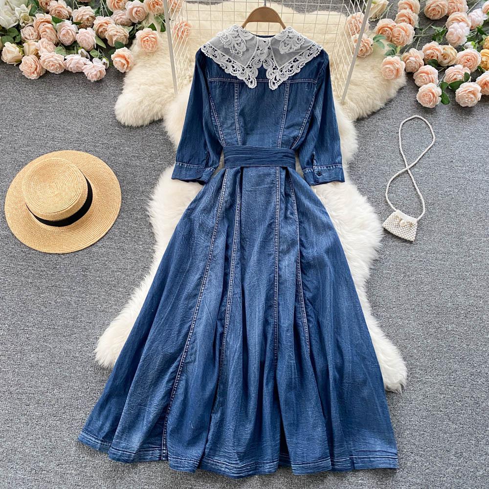 RUGOD Платье с французской талией и кружевной строчкой, джинсовое платье-рубашка на пуговицах с рукавами три четверти, чувство маленького темперамента
