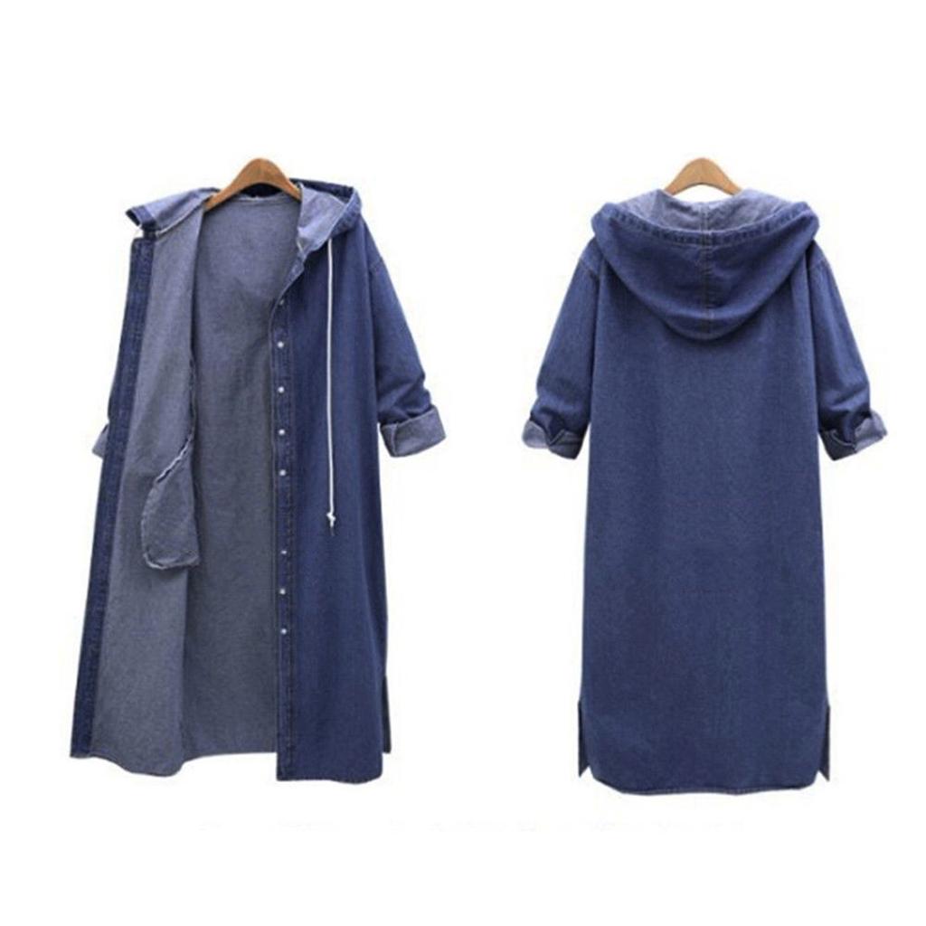Женская мода Свободная джинсовая куртка с длинными рукавами и капюшоном Пальто Женское повседневное длинное джинсовое пальто на пуговицах Кардиган Верхняя одежда Топы