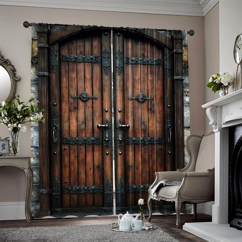 2 шт. весна лето Занавески Винтажная железная деревянная дверь принт Светофильтрующие полупрозрачные занавески Универсальные тканевые украшения Внутри