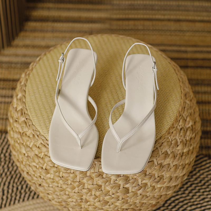 Women Sandals Leather High Heeled Sandals Women's Slippers Summer Outside Stiletto Back Strap Threaded Flip Flops Cool Slippers