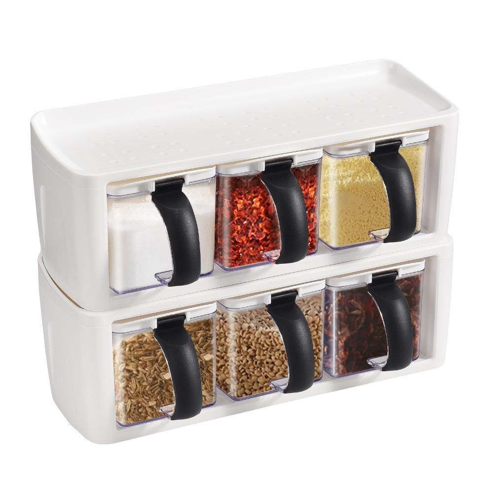2pcs 3 Grids Seasoning Container Set With Lid And Spoon Condiment Storage Jars For Kitchen