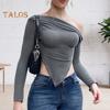 Women Knitting Tops Sexy Sloped Shoulder Collar Irregular Hem Pullover Tops Solid Color Ribbed Blouse