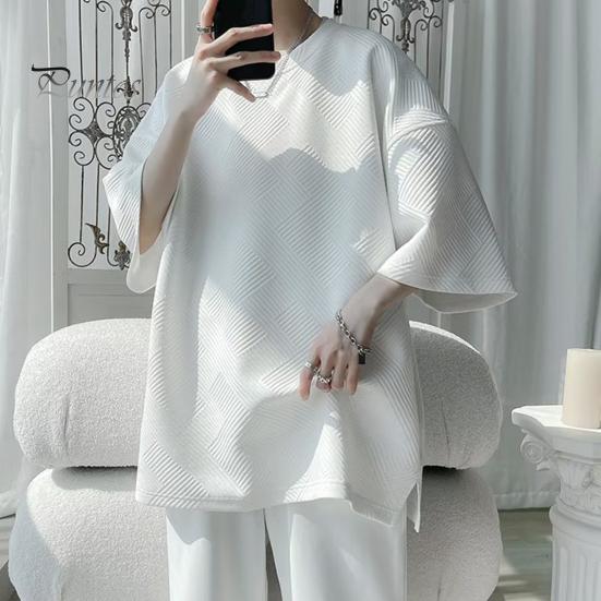 Летняя мужская футболка с круглым вырезом, свободная средней длины, сплошной цвет, вафельная текстура, плюс размер, половина рукава, уличная одежда в японском стиле, топ на открытом воздухе