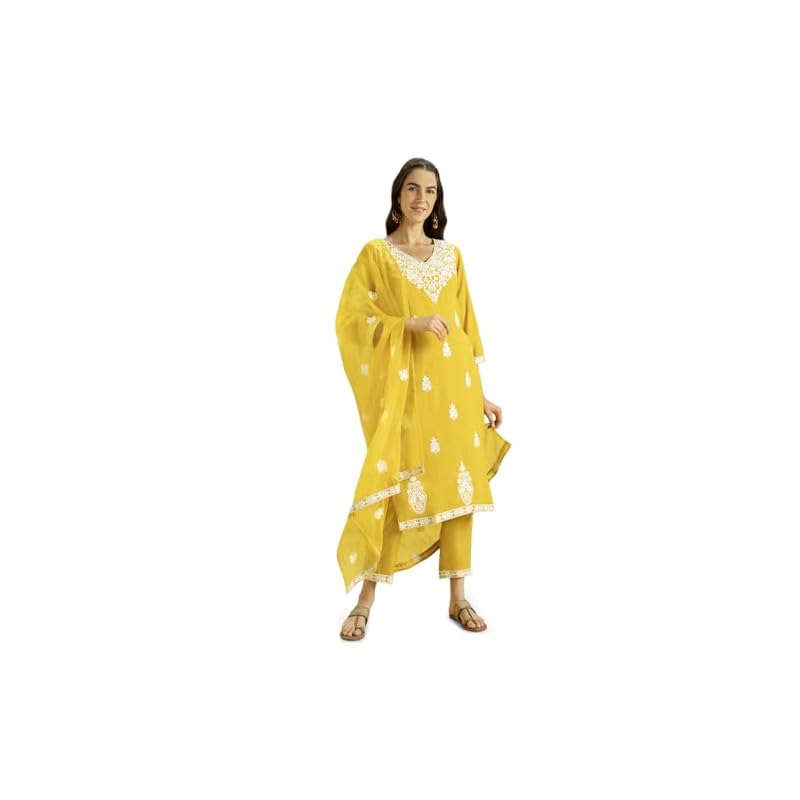 Kaari Women's Chikankari Kurta Set with Dupatta - Straight Fit | Organza Dupatta | Straight Pant with Side Pocket | Kurta Set for Women