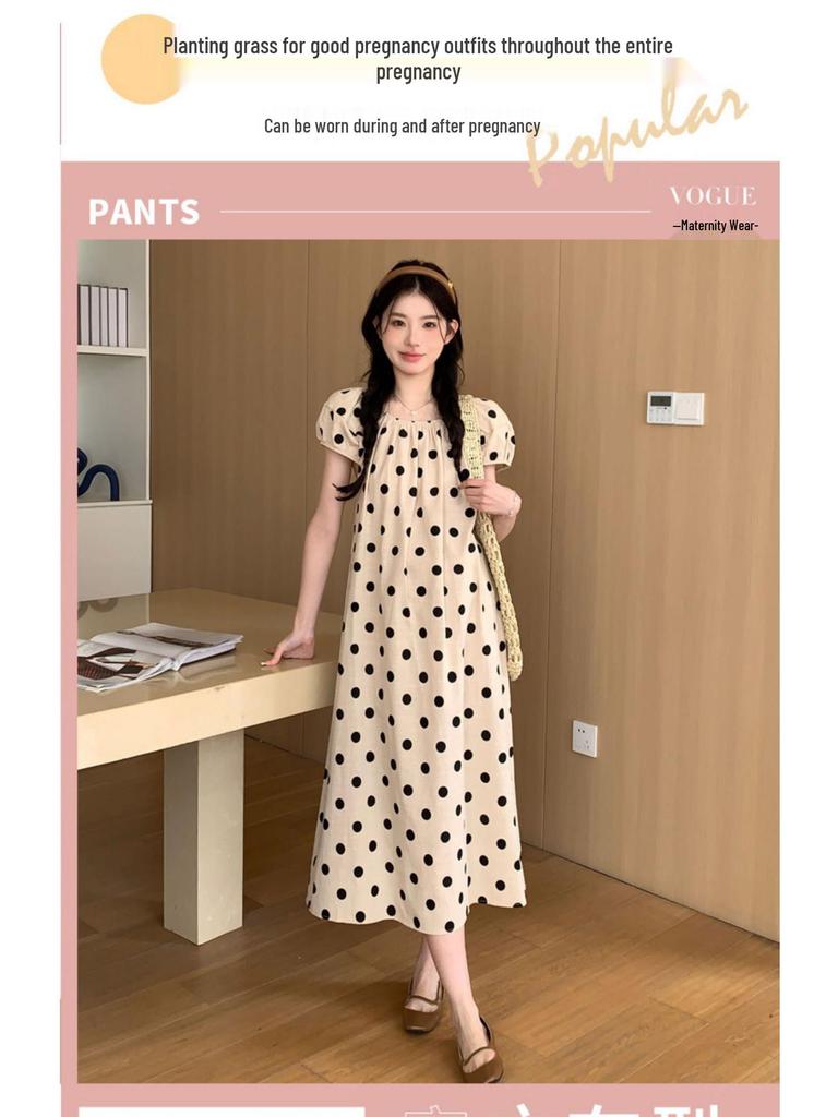2024 Chic French Maternity Polka Dot Midi Dress with Puff Sleeves