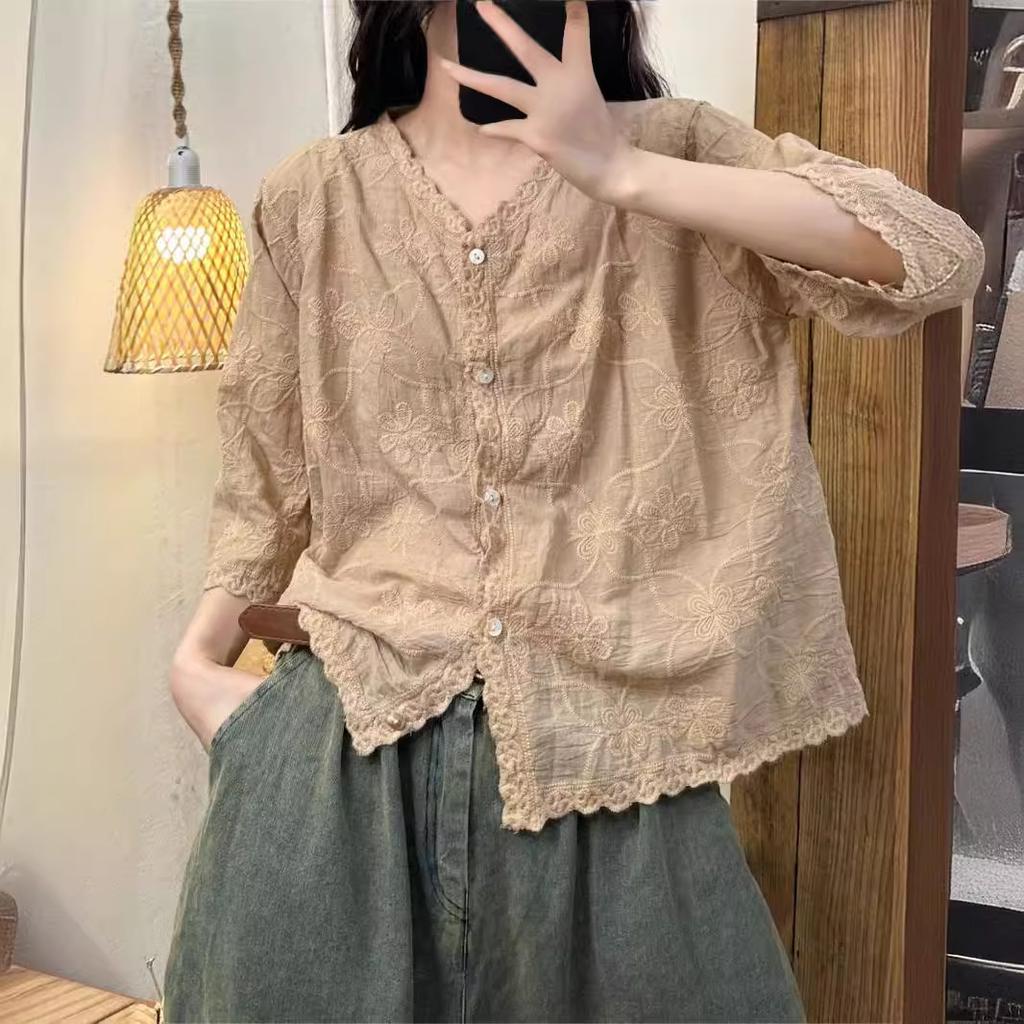 Summer Women Cotton Shirts Embroidery Loose V-Neck Collae Single-Breasted Female Tops