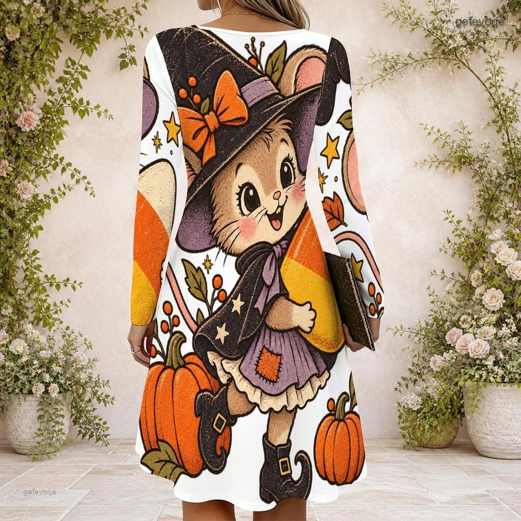 Women Criss Cross V Neck Long Sleeve Fitted Curved Hem Cartoon Bear Pumpkin Printed Dress