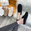 Зимние теплые плюшевые женские мюли с одной полосой, меховые тапочки, уютная хлопковая обувь, женские туфли на плоской подошве, закрытые носки, флисовые шлепанцы, женские шерстяные панталончики