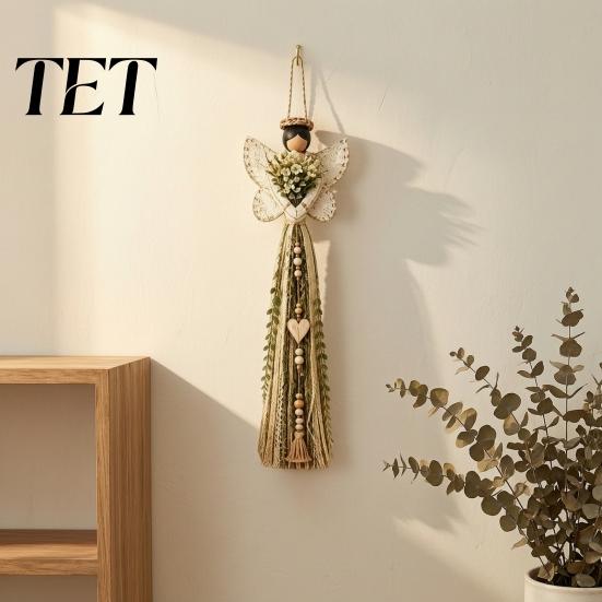 Wall Hanging with Dried Flowers Angel Decor Tassel And Wooden Beads, Handmade Fabric Elegant Lace Wing Pendant for Living Room Bedroom Entryway,