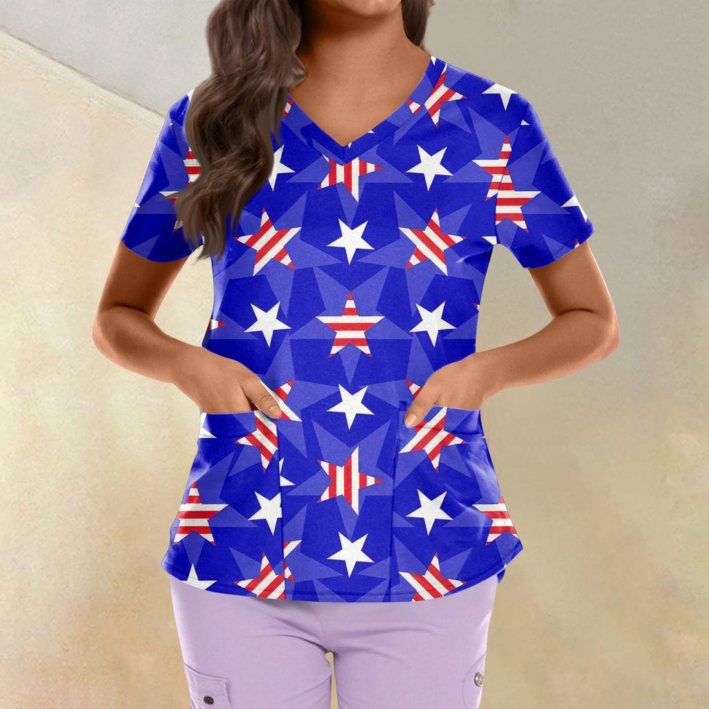 Plus Size Printed Scrub Working Uniform Tops For Women's Cross V Neck Independence Day Print Short Sleeve Fun T-Shirts Workwear Tee With Pockets