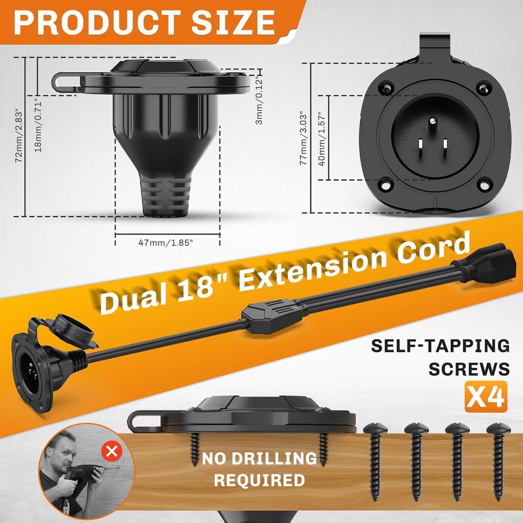 WELLUCK RV Shore Power Inlet Charger Plug 15 Amp 125V AC Power Inlet Port Plug With Integrated Dual 18" Extension Cord, RV Flanged Inlet With