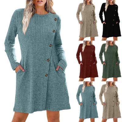 Женское платье с длинными рукавами, платье-свитер с завязками на талии и карманами, модное