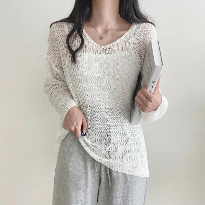 V-neck Fashion Loose Pullover Knitted Sweater Thin Sunscreen Blouse Women Long Sleeve Cover Up 2025 New Elegant Solid Knitwear Korean Solid Color Top