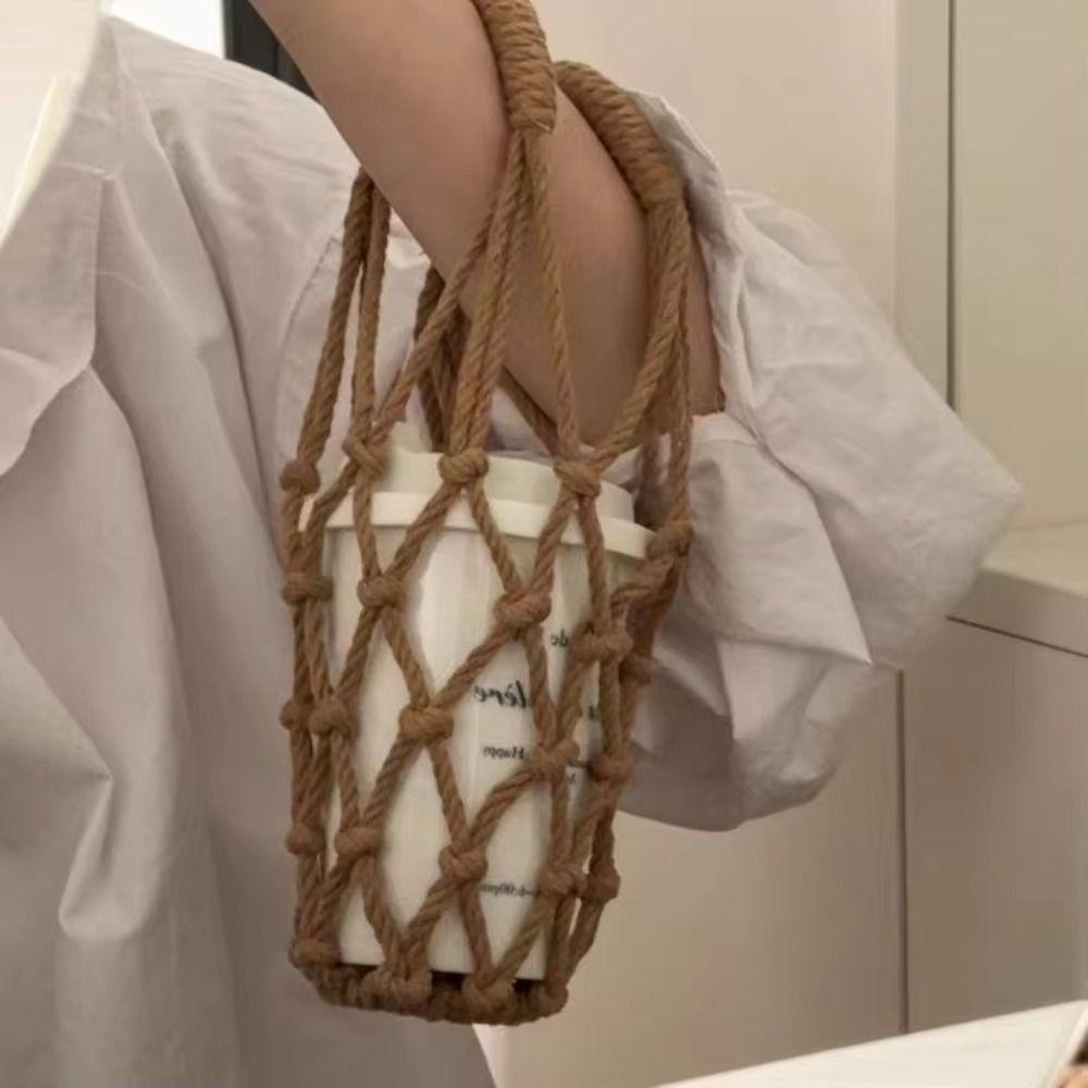 2Pcs Woven Water Bottle Bags Hollow Out Water Cup Mesh Bag Crochet Cup Holder  For Outdoor Carrying