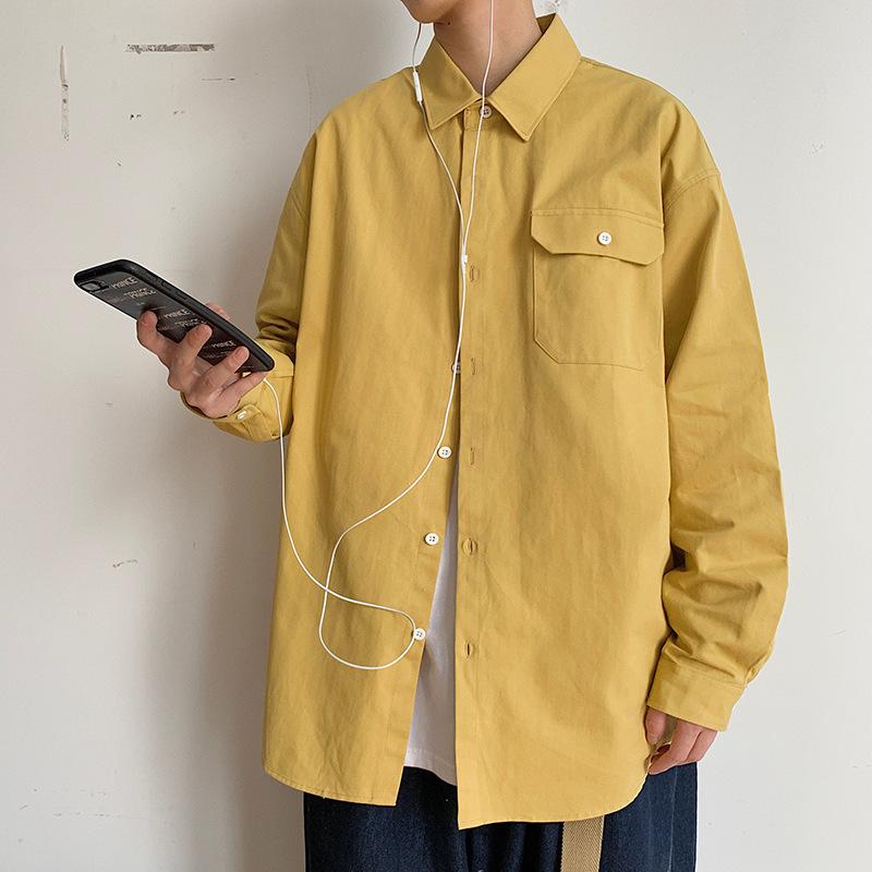 Mens Loose Solid Color Stand Collar Long Sleeve Casual Shirt Outerwear