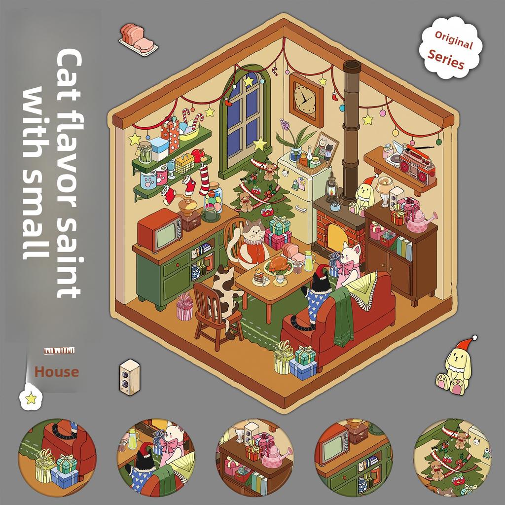 Кошачий Рождественский Дом Пейзажные Наклейки, Веселые и Снимающие Стресс Коллажные Миниатюрные Наклейки со Сценами Мира
