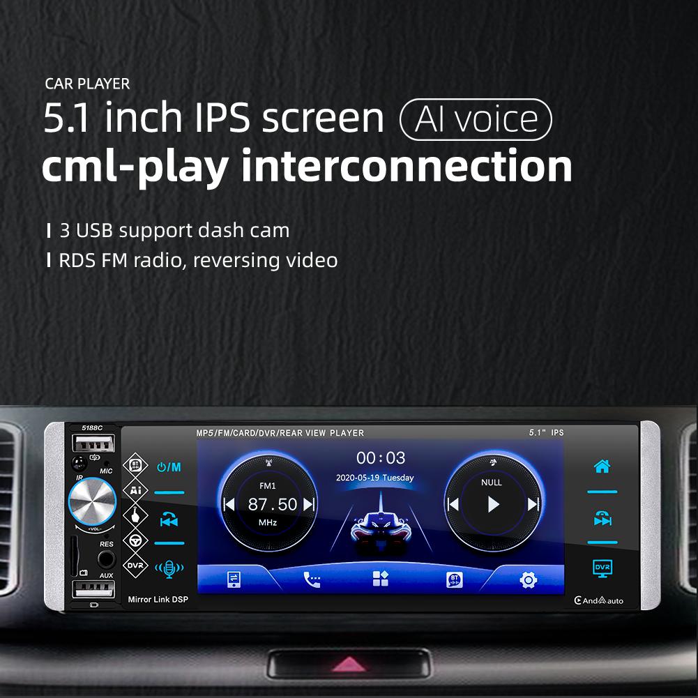 Single Din Car Stereo MP5 Player 5.1Inch Touchscreen Car Audio Radio Compatible with Bluetooth TF USB Frequency Modulation