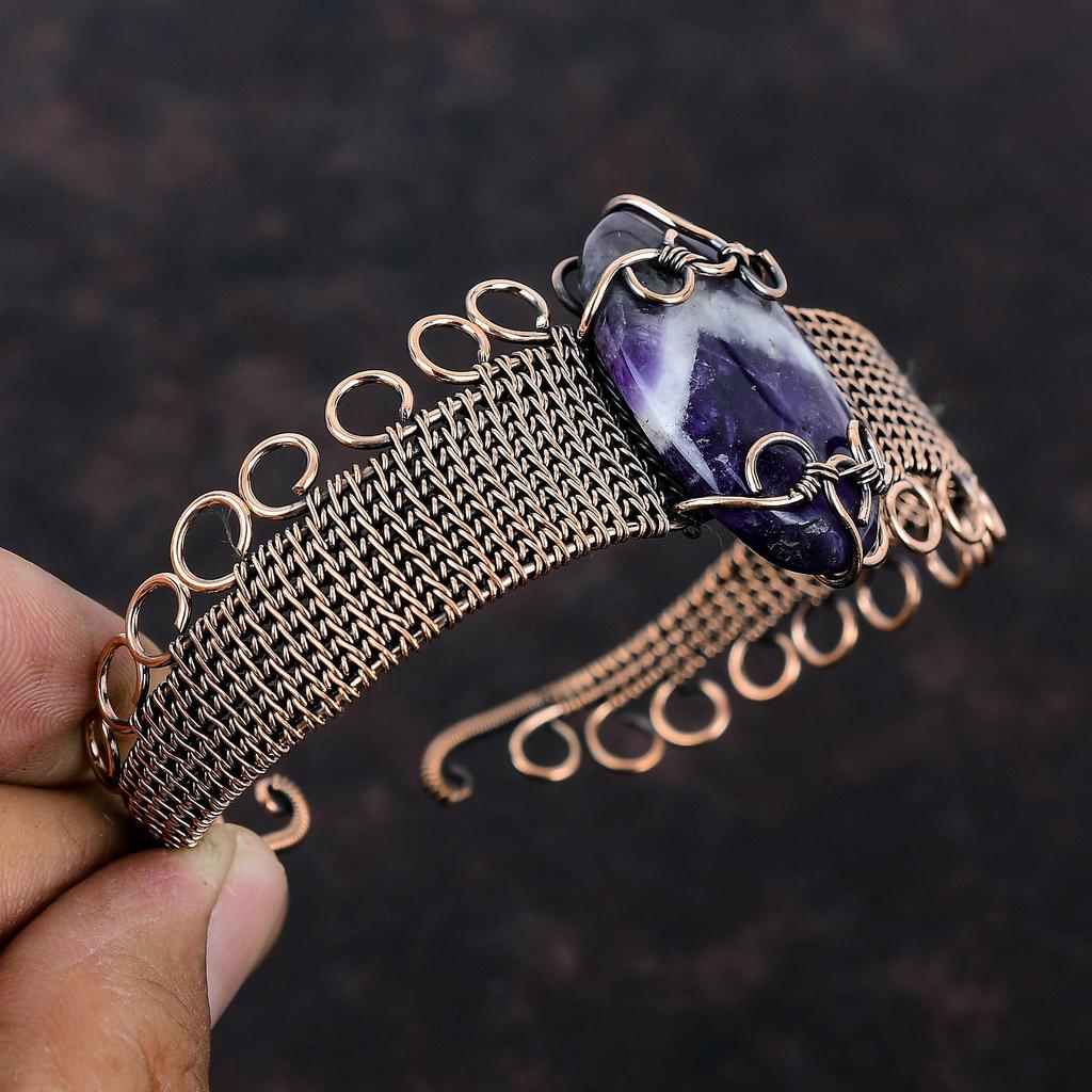 Chevron Amethyst Gemstone Cuff Bracelet Copper Wire Wrapped Bangle Adjustable Cuff Bracelet Copper Wire Jewelry Gift For Mom Handmade Bangle