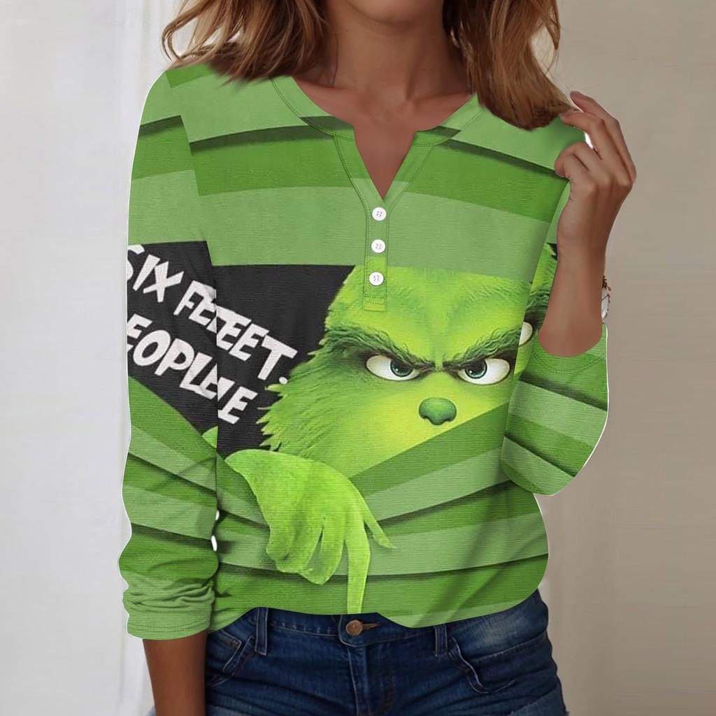 Women's Fashion Casual V-Neck Long Sleeve Decorative Button Christmas Print Top