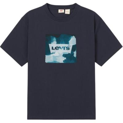 Levis Повседневная Удобная Простая Футболка с Логотипом в Рубчик с Круглым Вырезом и Коротким Рукавом Мужские Футболки Темно-Синий 002X9-0001