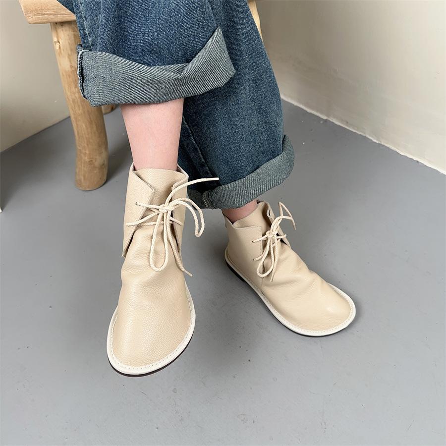 Johnature Женские короткие сапоги из натуральной кожи в стиле ретро, мягкие туфли на шнуровке из воловьей кожи, однотонные ботинки с круглым носком