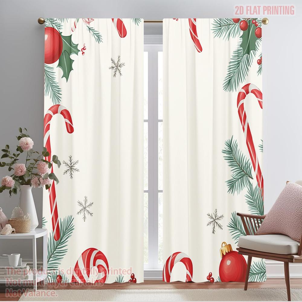 2pcs,2D Plane Printing Pattern Curtains Christmas Candy Snowflakes Berries (2) Durable 100% Polyester Fabric (without Rod) Home
