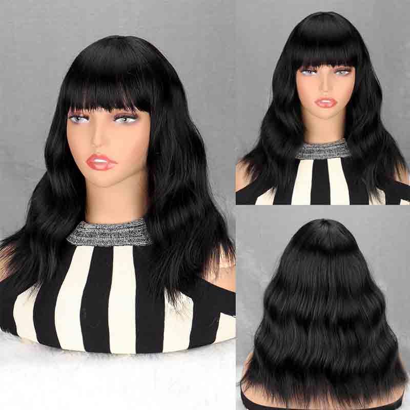 Synthetic Middle Length Short Wave Hair Extension Natural Wigs With Bangs For Women Wig Fibre Cosplay Wig