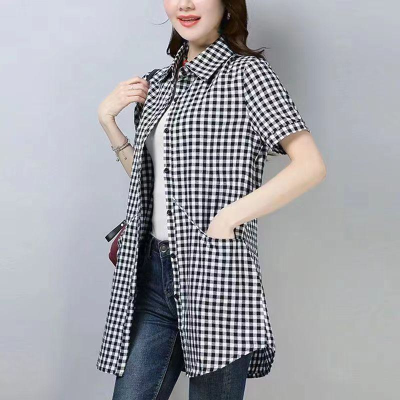 Летняя рубашка свободного кроя из хлопка в клетку в стиле ретро с карманами, длинными/короткими рукавами