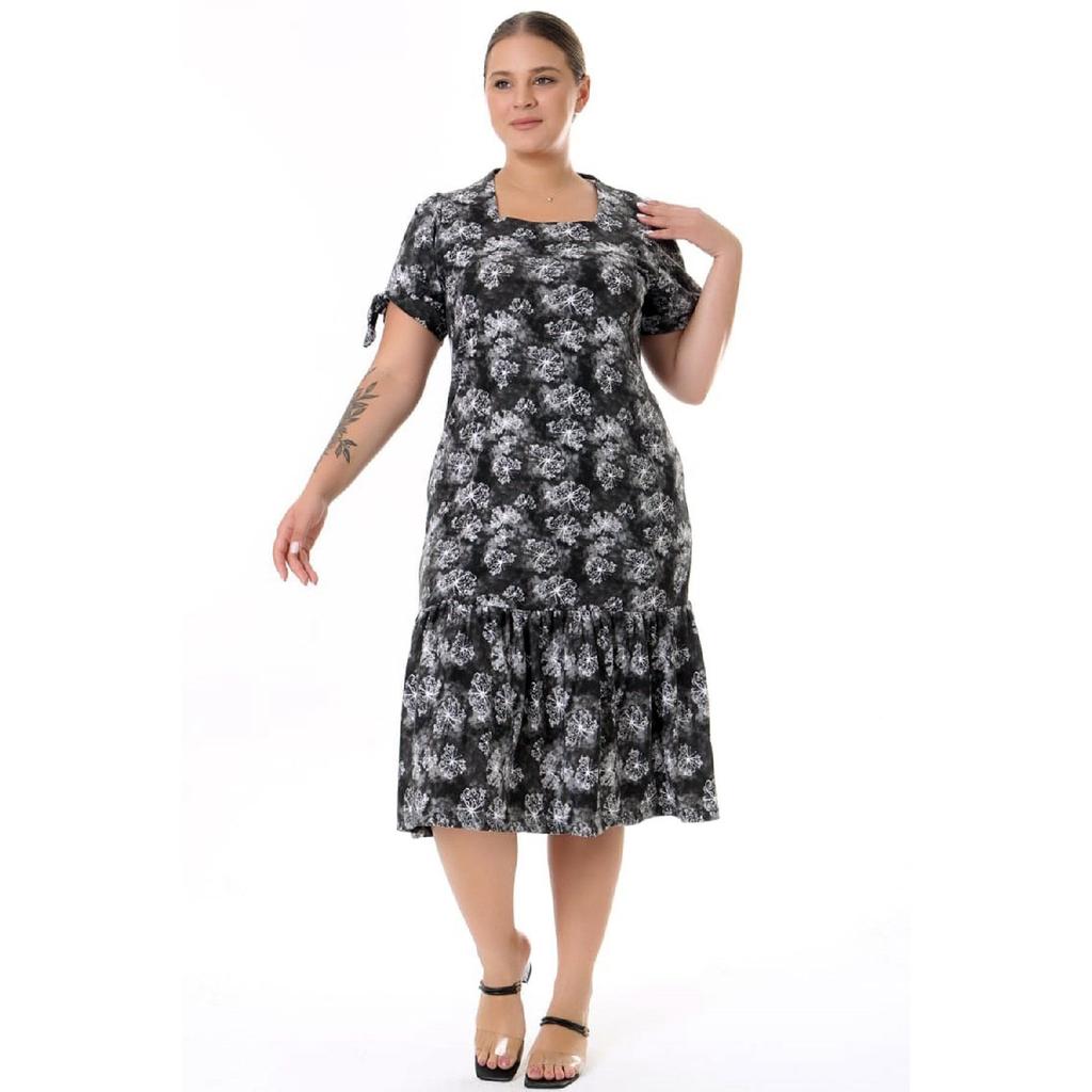 Square Neckline Butterfly Pattern Short Sleeve Shoulder Window With Ruffle Knee Midi Length Wash Flexible Dress