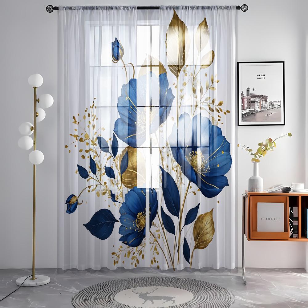 2 шт. HD цифровой синий розово-золотой листовой принт на окнах, декор для дома, стиль, украшение для гостиной, спальни, занавеска на штанге E