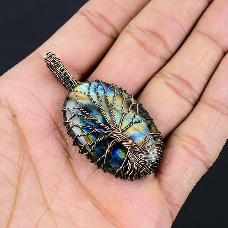 Подвеска из драгоценного камня «Дерево жизни» с лабрадоритом, подвеска из медной проволоки, подвеска из лабрадорита, подвеска ручной работы, лабрадорит, ювелирное изделие в подарок для нее