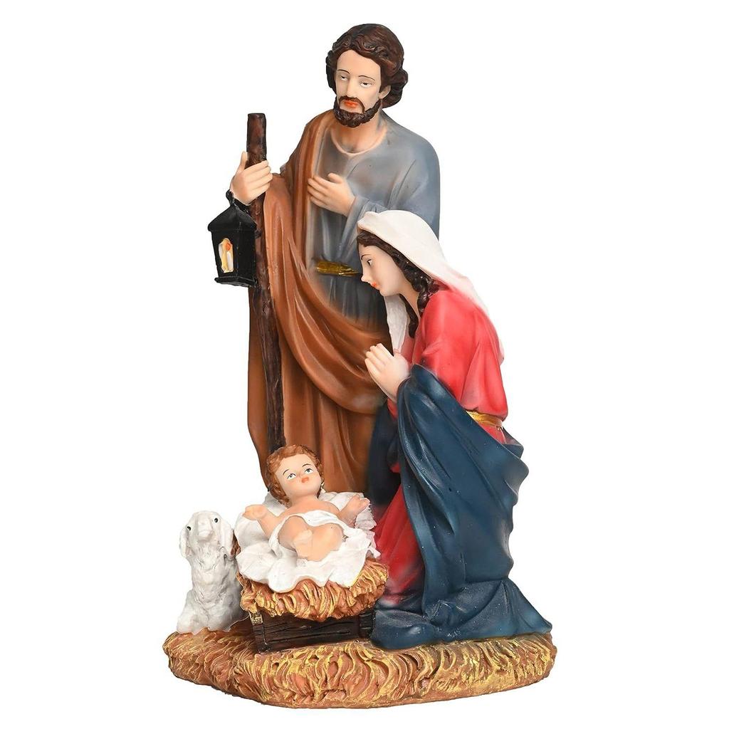 Poly Resin Crib Set Nativity Set Holy Family Statue with Sheep Catholic Idol Perfect for Altar, Housewarming, Gifting and Decoration
