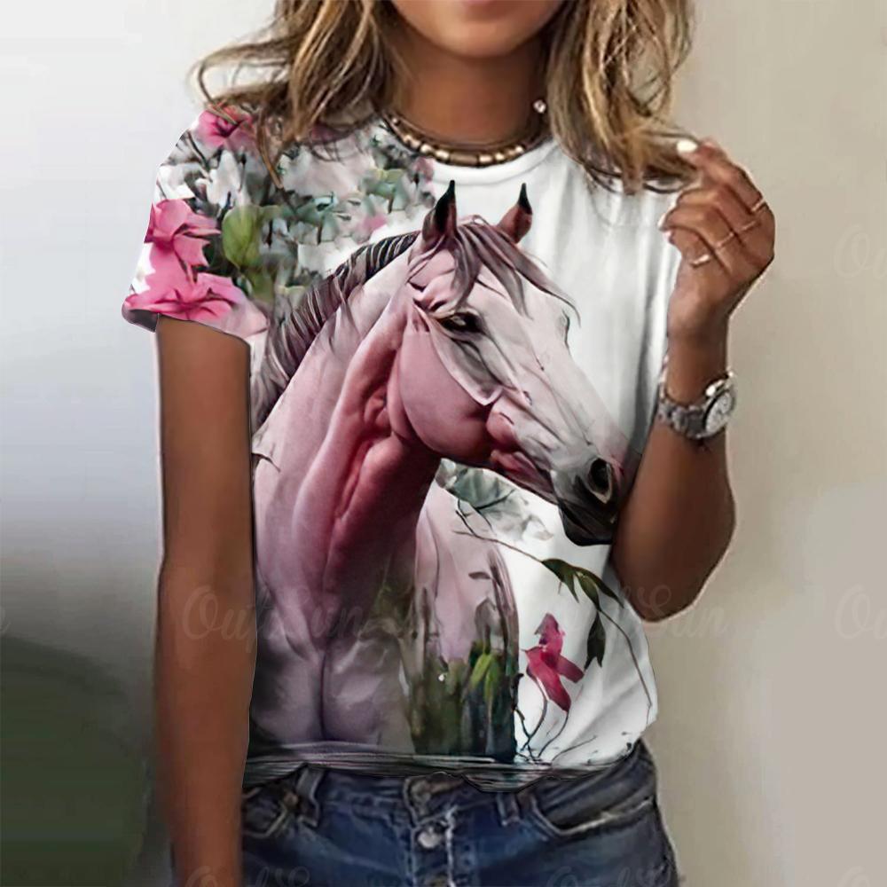 Новые женские футболки с 3D-принтом животных, повседневные футболки с короткими рукавами и рисунком лошадей, топы, летние футболки
