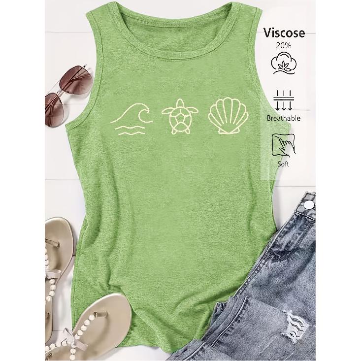 Elegant Vest for Women Wave, sea turtle, and shell pattern printed casual loose summer vest Fashionable and elegant tops for commuting, vacation, and