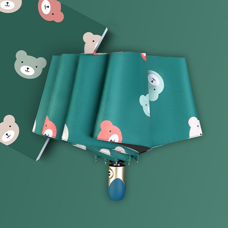 Three-fold Umbrella Lovely Bear Sunny and Rainy Umbrella for Women Girl Kids Black Rubber Reinforced Folding Automatic Umbrellas