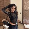 Sheer Mesh Cutout Slim Fit Long Sleeve Top for Women