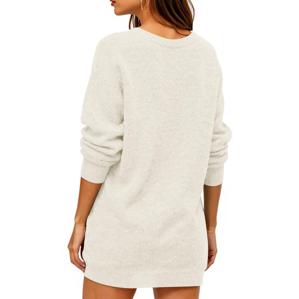 Women's Fashion Casual V-neck Long Sleeve Rib Knitted Sweater Dress