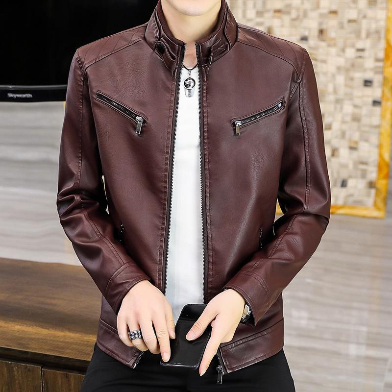 Мужская тонкая кожаная куртка с воротником-стойкой, ветрозащитная куртка из искусственной кожи, мотоциклетная кожаная куртка