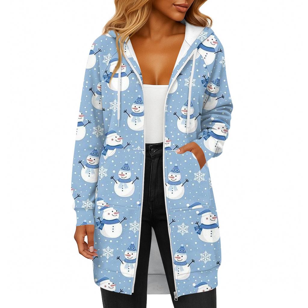 Women's Fashionable Christmas Printed Long Sleeved Drawstring Hooded Zipper Pocket Long Casual Sweatshirt Jacket