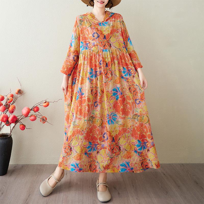 DIMANAF 2025 Плюс Размер Летнее Платье-Шляпа Женское Повседневное Винтажное Длинное Платье Свободное Цветочное Печать Льняное Платье Макси