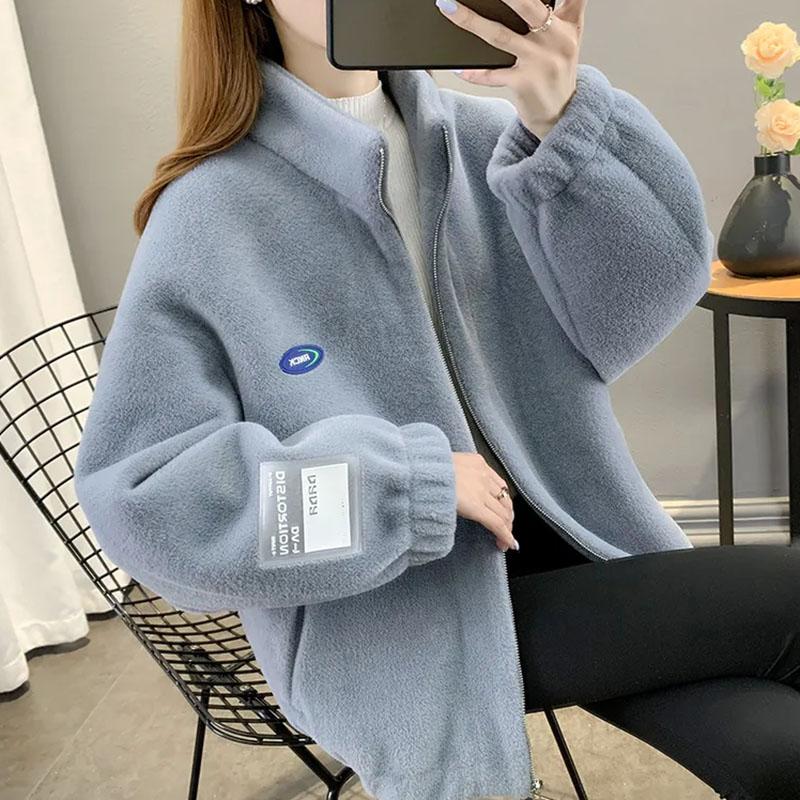 Пальто для женщин Флис Утолщенный Плюшевый Осень Зима Воротник-стойка Топ Оверсайз Повседневная Куртка на молнии