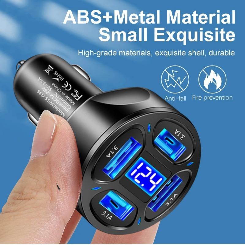 4 In 1 USB Car Charger 3.1A 12-24V Digital Display Car Mobile Phone Charger Adapter Car Charger for IPhone 14 13 Xiaomi Samsung