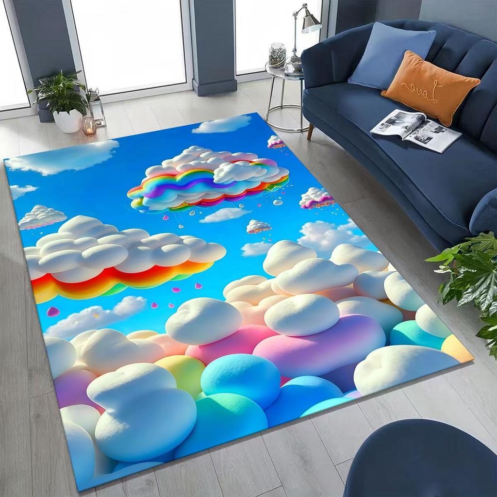 Colorful Rainbow Clouds Dream Sky Cartoon Rug for Bedroom Living Room Sofa Home Doormat Decor, Large Kid Play Non-slip Floor Mat