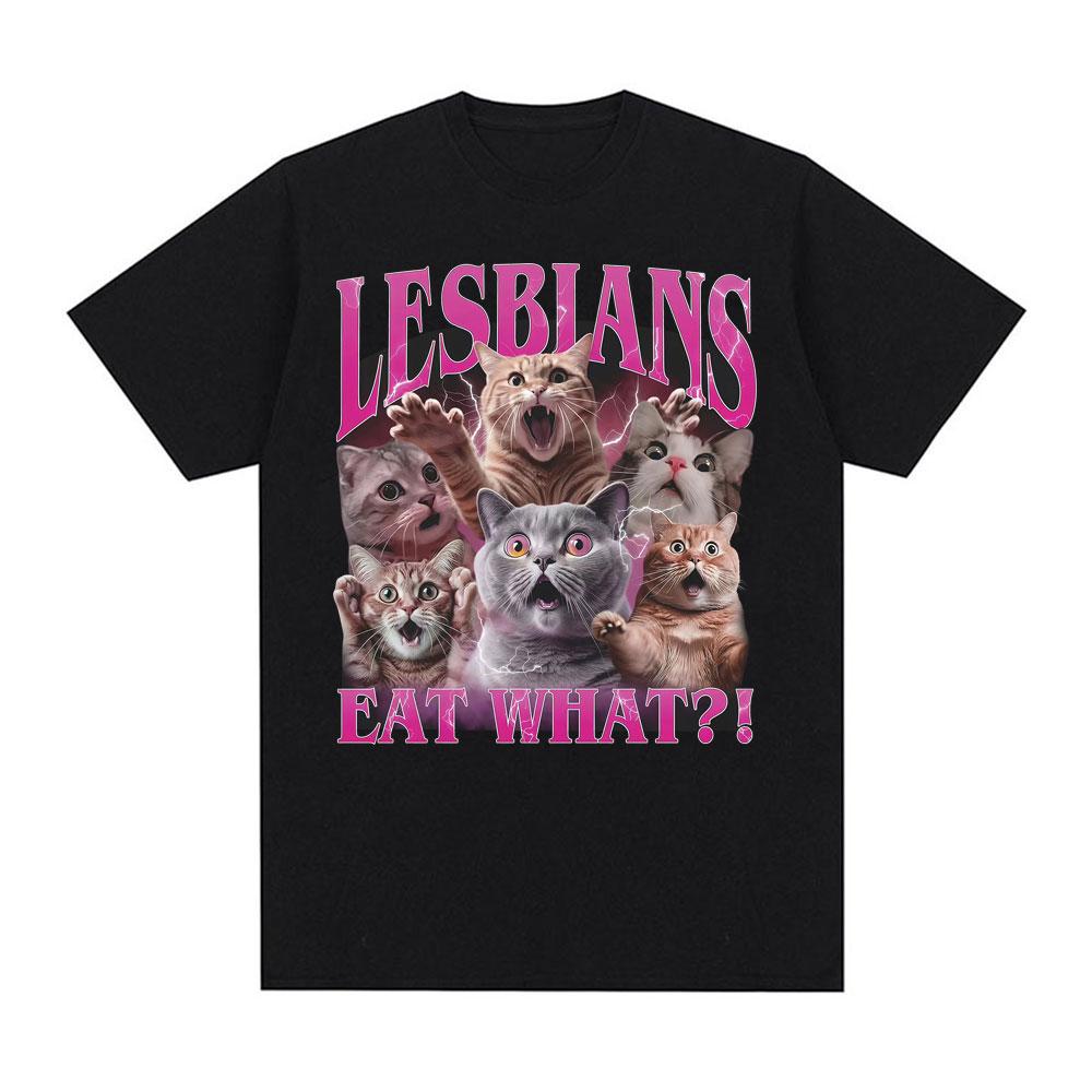 Summer Lesbians Eat What! Funny Offensive Cat Meme 100% Cotton Printing T Shirt Men Women Fashion Hipster Tops Short Sleeve Y2K