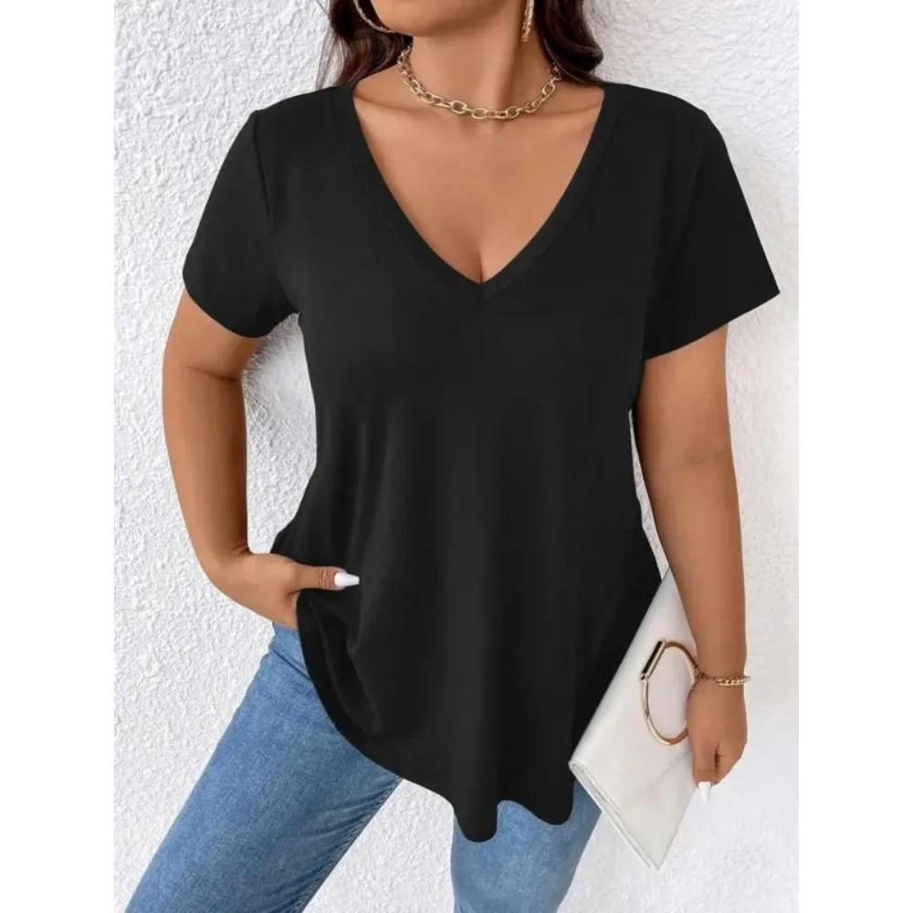 Plus Size Spring Summer Women's Casual Solid V-neck Short Sleeved T-shirt Women Comfortable and Fashionable T-shirt