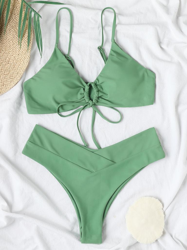 2023 New Bikini Solid Color Lace-up Sexy Bikini Split Swimsuit Woman Swimsuit